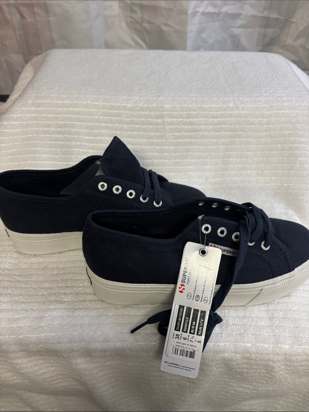 Superga Navy Canvas Platform Sneakers with White Sole
